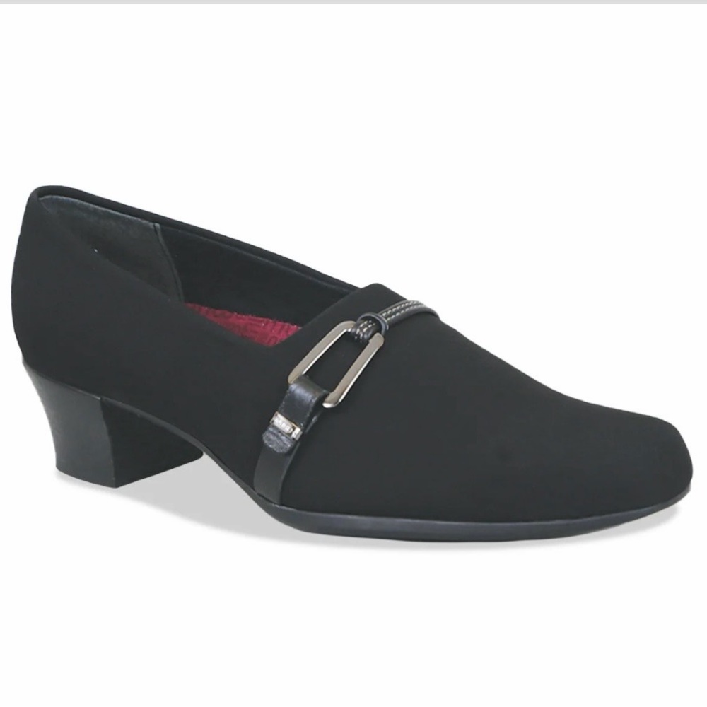 Munro Black Low Block Heel Slip-On Loafer with Buckle